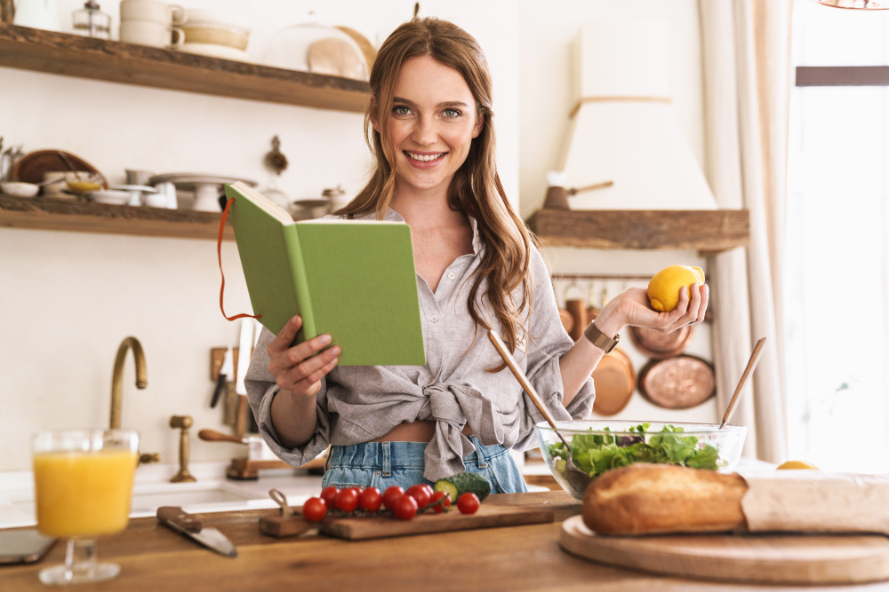 Mujer joven sonríe mientras sostiene un recetario de cocina en una mano y un limón eureka en la otra mano. Está de pie en una cocina rústica, rodeada de ingredientes frescos dispuestos sobre una mesa de madera.