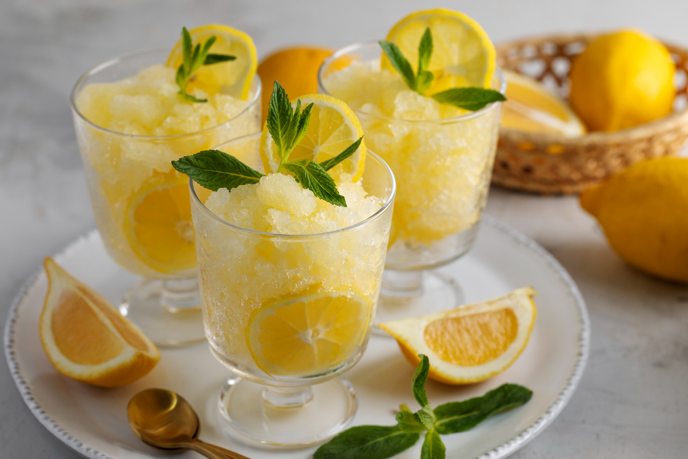 Tres copas de cristal dispuestas sobre un gran plato blanco. Cada una contiene sorbete de limón amarillo y está adornada con hojas de menta y limón en rodajas.