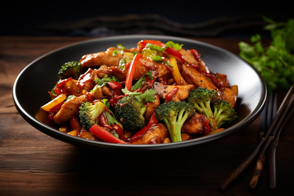 Plato negro sobre mesa de madera contiene una apetitosa mezcla se pollo con vegetales inspirada en la cocina oriental, con aceite de oliva como base.